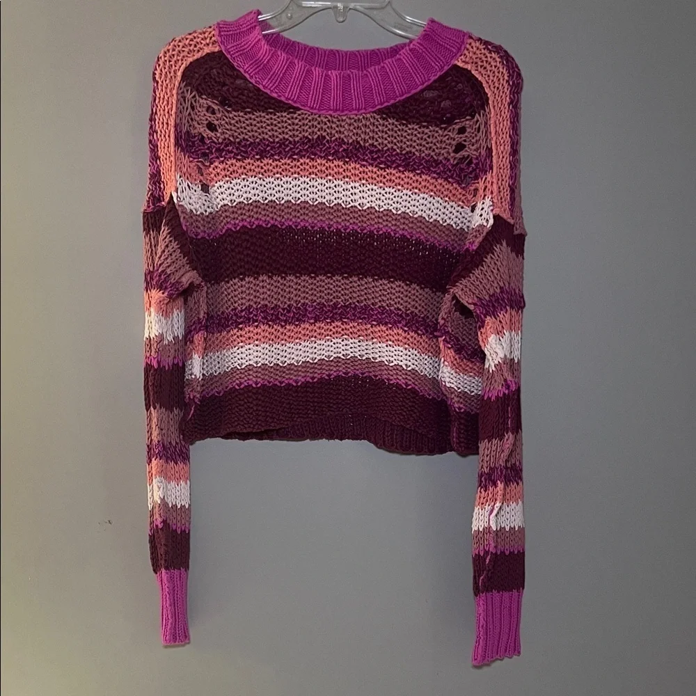 Free People Devon striped crop sweater in Fuschia Rose Combo color Size Small
